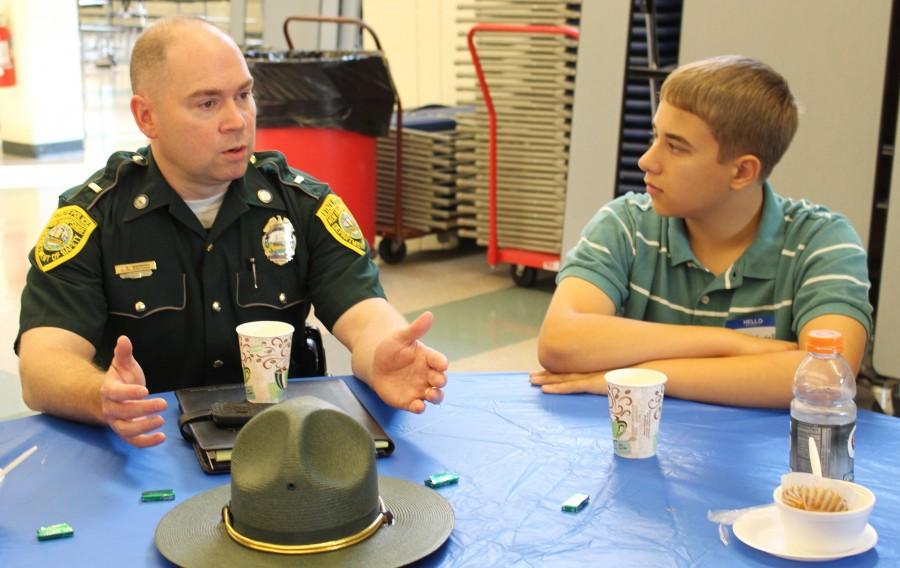 Law enforcement professionals spend their morning talking with interested students about their line of work. Wednesday, September 16th was the first Career Breakfast of the school year.