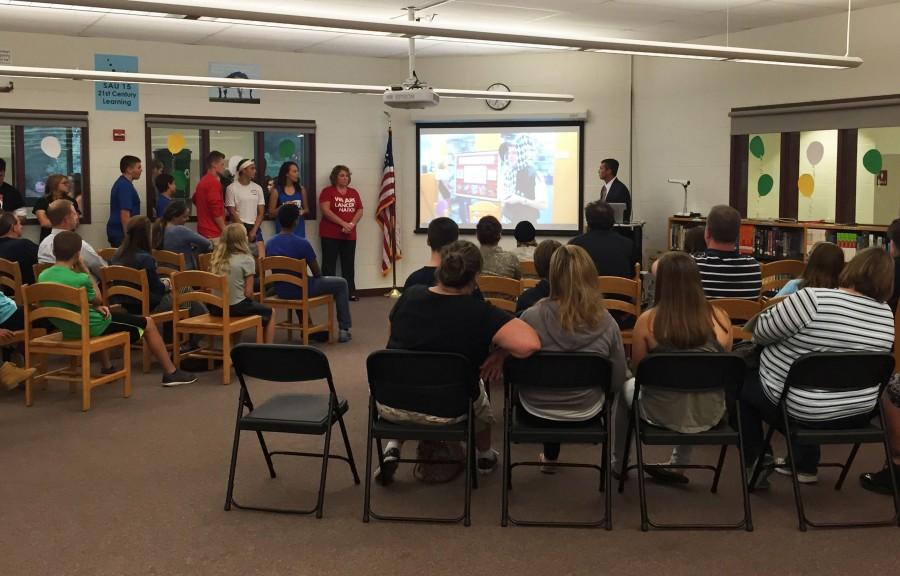 Mr. Parent, Ms. Sullivan, and Londonderry students from Hooksett encourage 8th graders at Cawley Middle School to consider attending LHS next year.