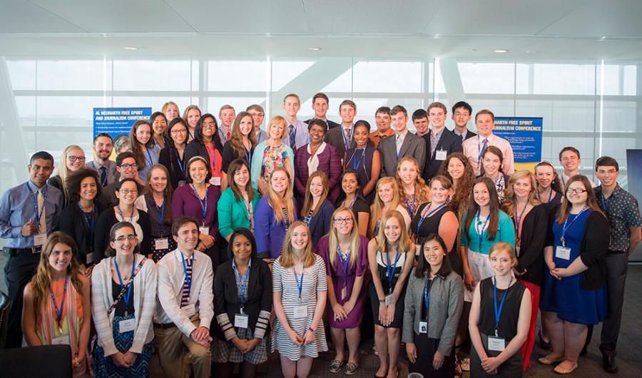 The 51 Free Spirit scholars who attended this years conference pose for a photo with Gwen Ifill and Judy Woodruff of PBS NewsHour. Conferences during the week took place in the Newseum, a museum dedicated to journalism and reporting in Washington, D.C.
