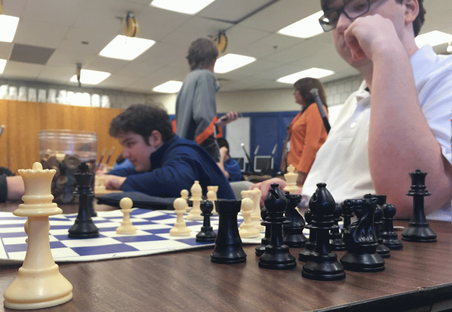 Chess+club+members+like+senior+Nate+Livernois+prepare+for+this+Saturdays+chess+tournament+by+participating+in+practice+games+of+chess+during+club+meetings.