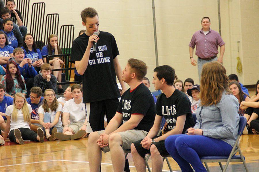 During the spring pep rally, the Improv Club put on one of their interactive skits , an advice panel, and encouraged students to attend their show in May.