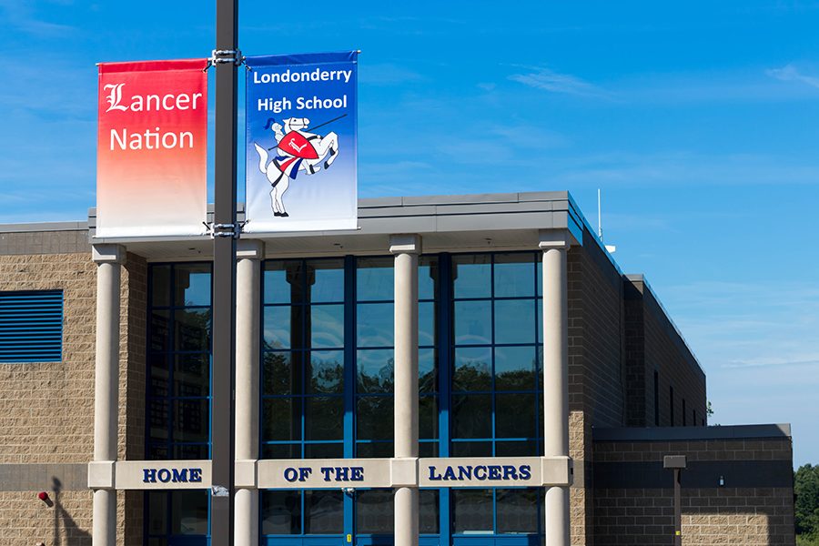 Banners+sporting+the+Londonderry+lancer+and+the+words+Lancer+Nation+were+donated+to+the+school+as+the+Class+of+2016s+class+gift.