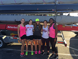 Members of the LHS crew team prepare for the Head of the Charles regatta this Sunday, Oct. 23. Pictured from left to right: junior Heather Ricker, senior Zannie Moskal, junior Kelley Roberts, junior Michaela Downing, junior Kiara Dedier. Also competing on Saturday is junior Brian Parrott.