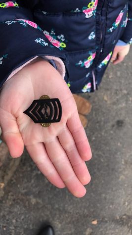 Grace Rich holds the pin a retired Marine gave to her to thank her for what she did to honor veterans on Veterans Day.