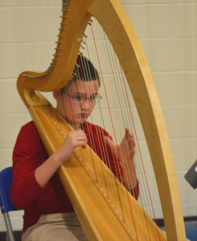 Freshman Liam McIntyre plays his harp, using music from the time period he was presenting.