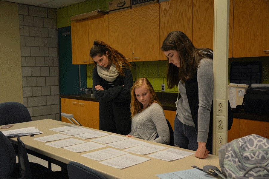 Yearbook+staff+members+sophomore+Kristen+LaPointe%2C+freshman+Rhiannon+Black+and+sophomore+Madeline+Fielder+proof+pages+of+the+yearbook%2C+preparing+it+for+publication.
