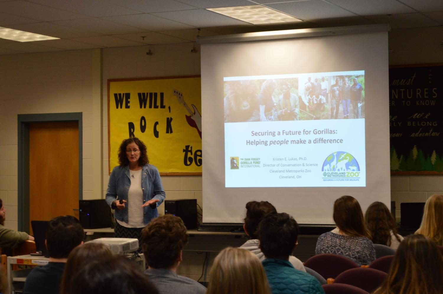 Dr.+Kristen+Lukas%2C+Director+of+Conservation+and+Science+at+the+Cleveland+Metroparks+Zoo+in+Ohio%2C+speaks+to+Mr.+Grants+AP+Environmental+Science+class.