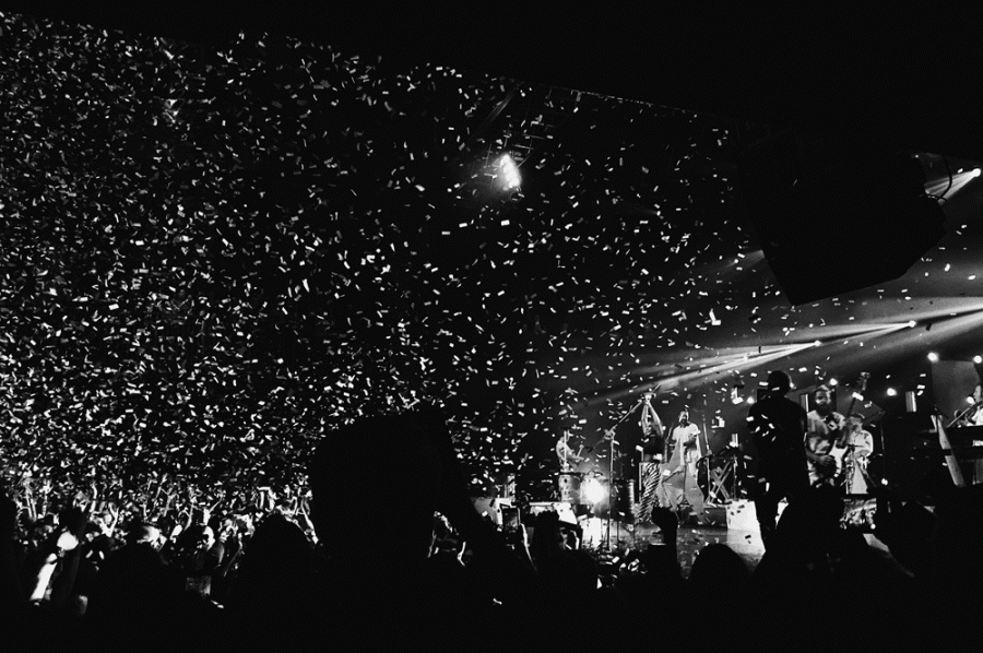 Lead singer Mandy Lee cheers as confetti falls during “Our Own House”, lead single off Misterwives’ first album Our Own House. “Our Own House” peaked at #25 on the U.S. rock charts. 