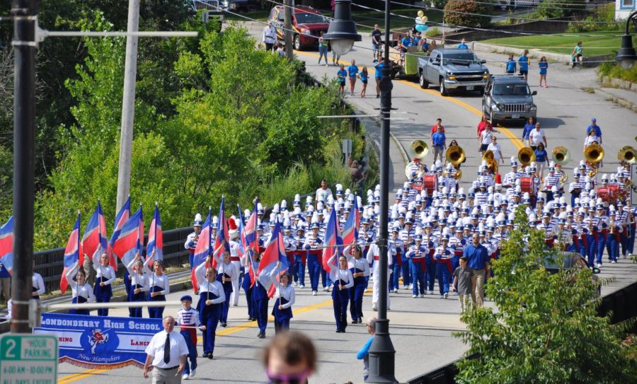 The band marches in the annual Allenstown parade. All of the Old Home Day and holiday parades prepared the Marching Lancers for the Rose Bowl parade.