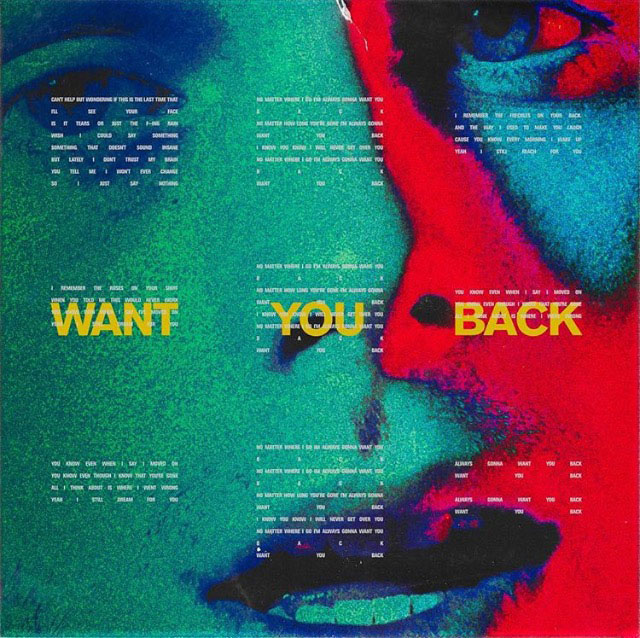 Cover artwork for lead single “Want You Back” from pop-punk band 5 Seconds of Summer (5SOS.) “Want You Back” was released on February 22, 2018, and the single represents 5SOS’s transition into a more poppier, electronic sound, as they trade harsh guitar sounds and breaking drums out for a catchier melodies and heavier basslines.