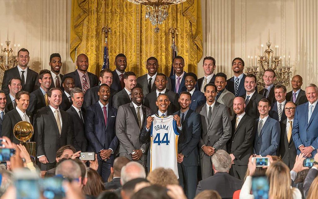 President Obama with the Golden State Warriors at the White House after winning the title.