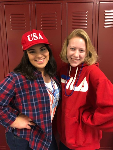 Students bring American colors to the hallways for spirit day. 