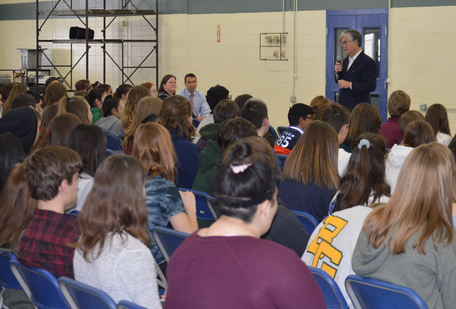 Students listen to John Broderick, a former Supreme Court judge, tell the story of how his sons mental health impacted him. Since his son, who has mental health issues, physically attacked him in 2002, he has become an advocate for mental health awareness. 