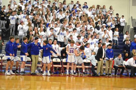 Fans stand up for a whiteout game to support the boys basketball team in their quarterfinal matchup.