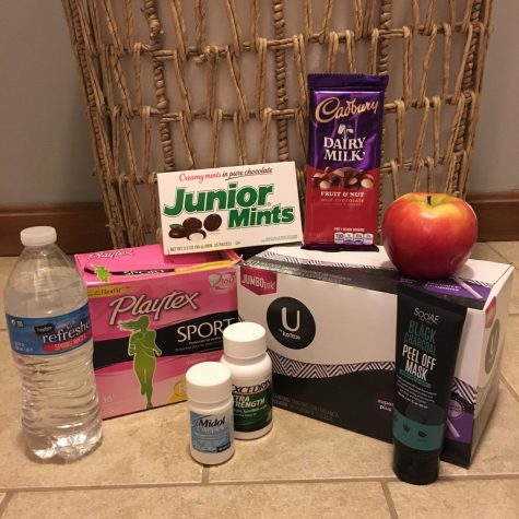 Pictured above are examples of items that one could use to ease period pain, such as candy and face masks.
