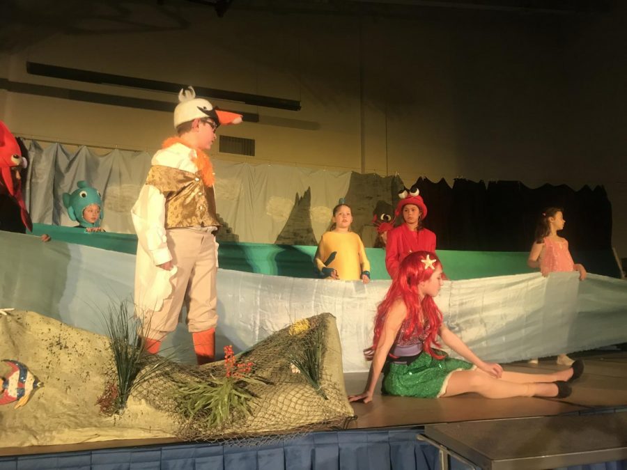 Scuttle, played by Andrew Pizzi, speaks to Ariel, played by Jillian Willwerth during their scene together in The Little Mermaid.