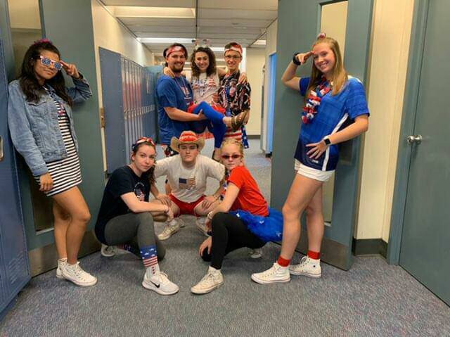 Seniors dress up in red, white and blue for spirit weeks USA day. 