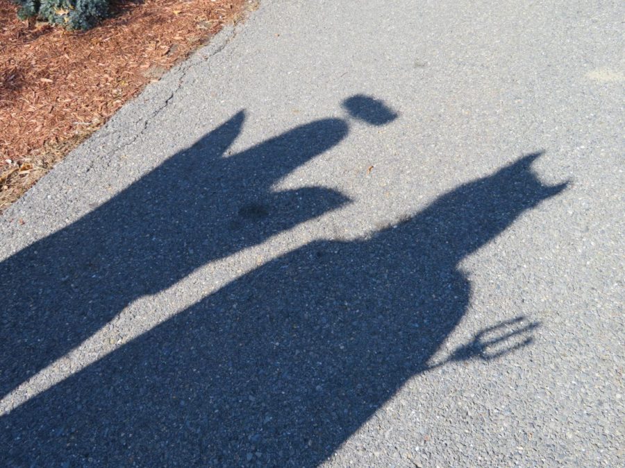 Seniors Hailey Mosher (left) and Marissa McKay (right) catch a glimpse of their goulish shadows across the pavement. 