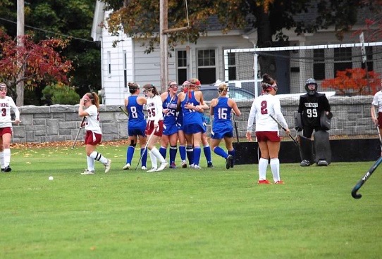 The girls embrace after scoring the game-winning goal against Concord. The two teams meet today in a playoff rematch.