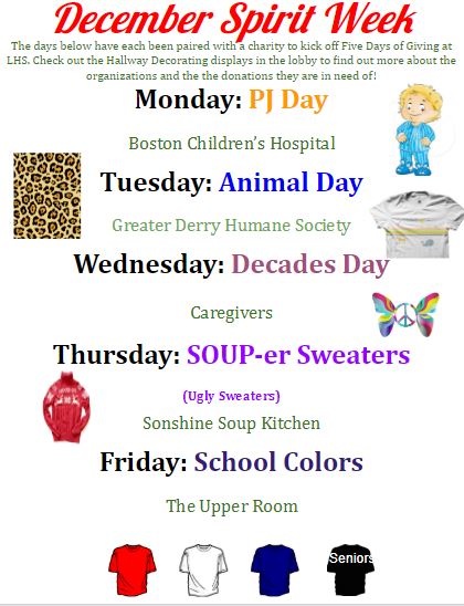 The Student Council held a vote and chose the spirit days shown above and paired each theme with a specific charity. 