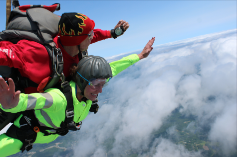 Karen Ruzicka enjoys sky diving over Pepperell in 2017.  Skydiving sees the diver drop approximately 200 feet per second.