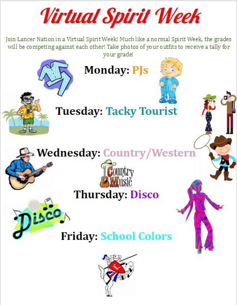 Dress up on each day and take a photo to help your class win Virtual Spirit Week!