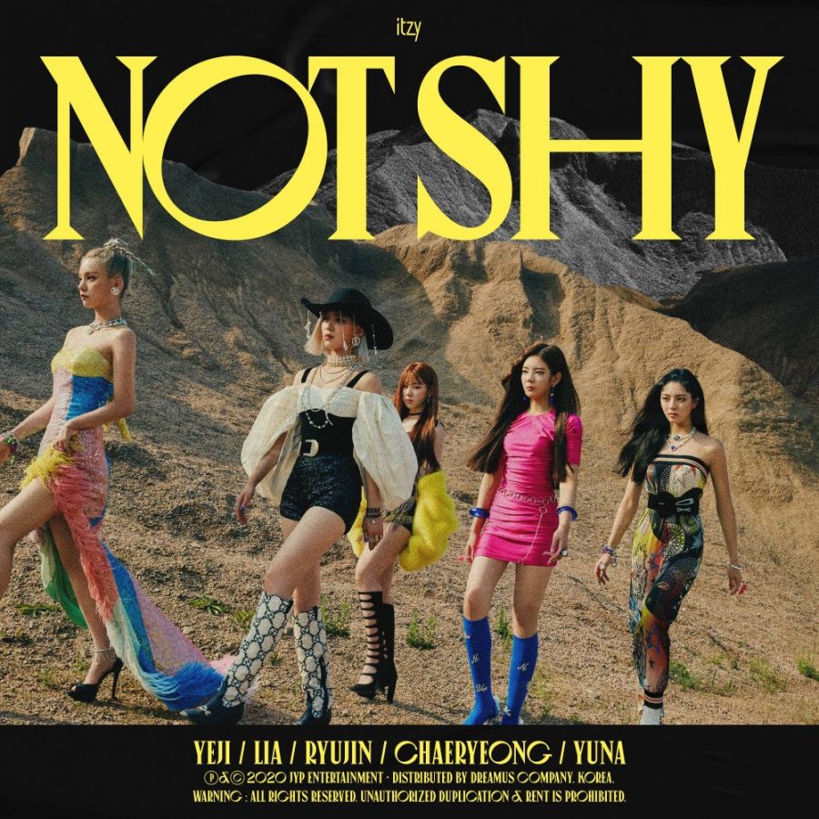 ITZY pose for the cover artwork of Not Shy, their fourth comeback single and second EP. The single and EP were released Aug. 17, 2020, and the groups four weeks of promotion ran through Sept. 13.