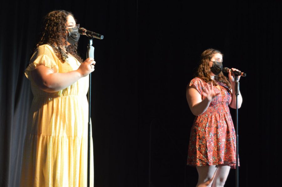 Duo Haley Hines and Maya Lincoln perform Dont Go Breaking My Heart in the concerts second act. Hines and Lincoln were accompanied by Frank Thomas on piano and Camden Poitras on drums.
