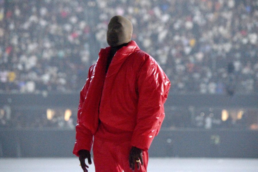 Kanye West stands at his listening event at the Mercedes Benz Stadium in Atlanta, GA. 