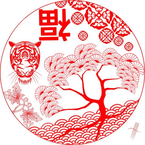 Decorations during the Spring Festival traditionally feature symbols relating to the new year. You can see here, a decorative design containing a Chinese pine tree which stands for eternal youth, lotus flowers symbolizing purity, a tiger for 2022s zodiac, and an upside down Chinese character, pronounced as, fú” which means “pouring out” luck because of its orientation.