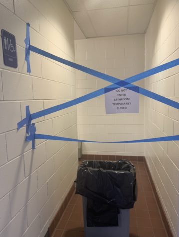 The boys bathroom in the Upper 600s is one of the many bathrooms closed, with the exception of those in the 200s, due to recent reports of vandalism. 