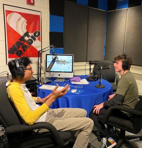 Editors Sathvik Manam and Josh Truesdale test out the equipment available in the Studio. Sathvik used this area to create his podcast, Talking Peanuts, which had three episodes earlier this school year.