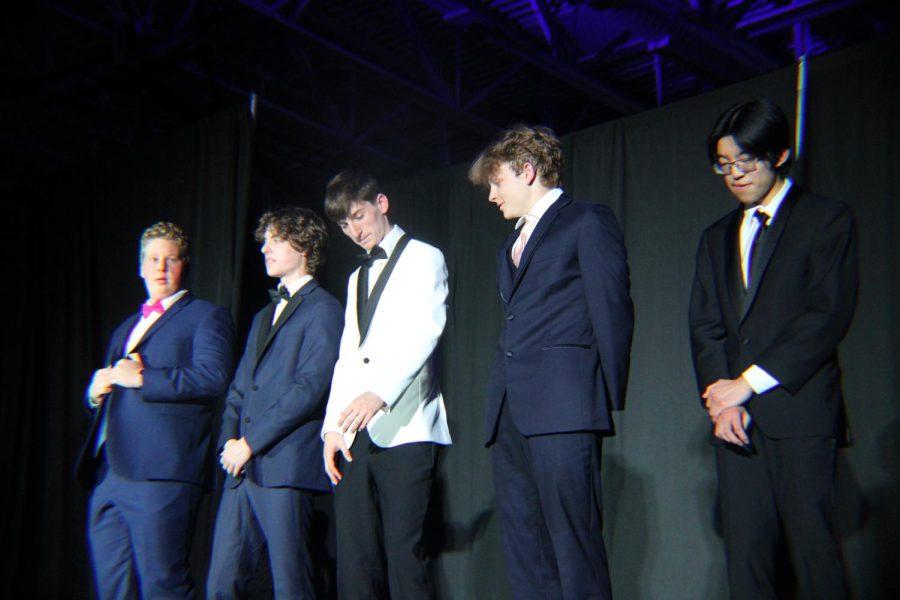 The top five boys (from left to right) Nate Seibert, Colby Lynch, Liam White, John Baumann, and Aidan McKivergan stand ready for the questions portion of the night.