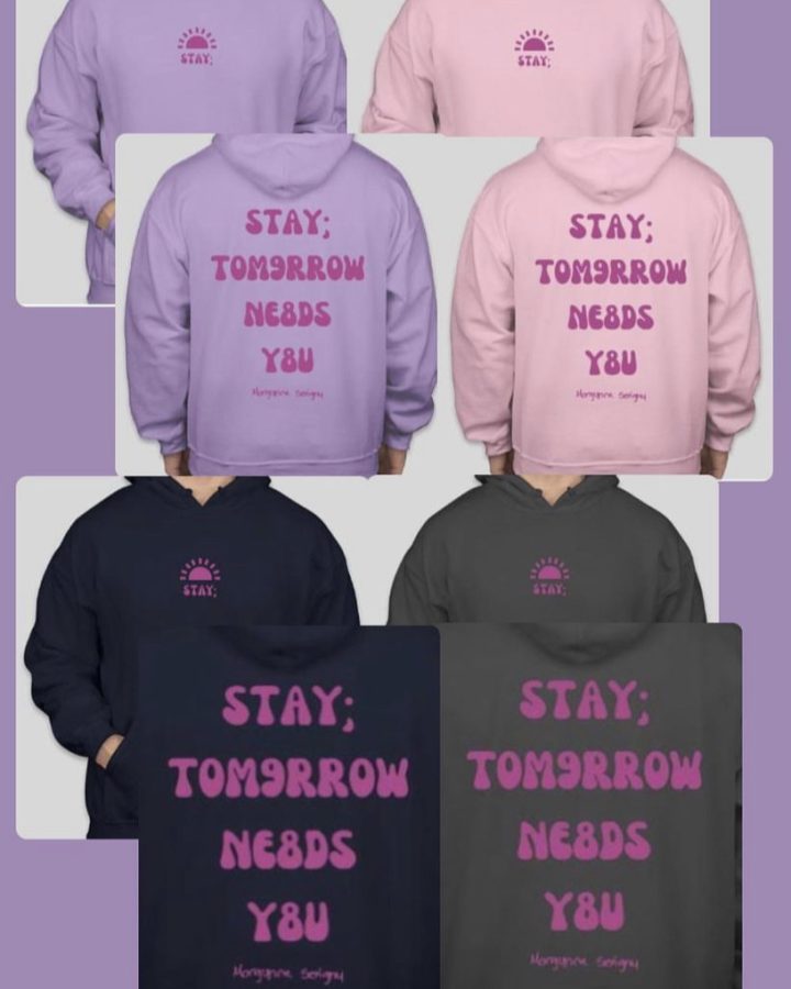 This picture showcases the four hoodie colors/designs available for purchase to support the American Foundation for Suicide Prevention. 