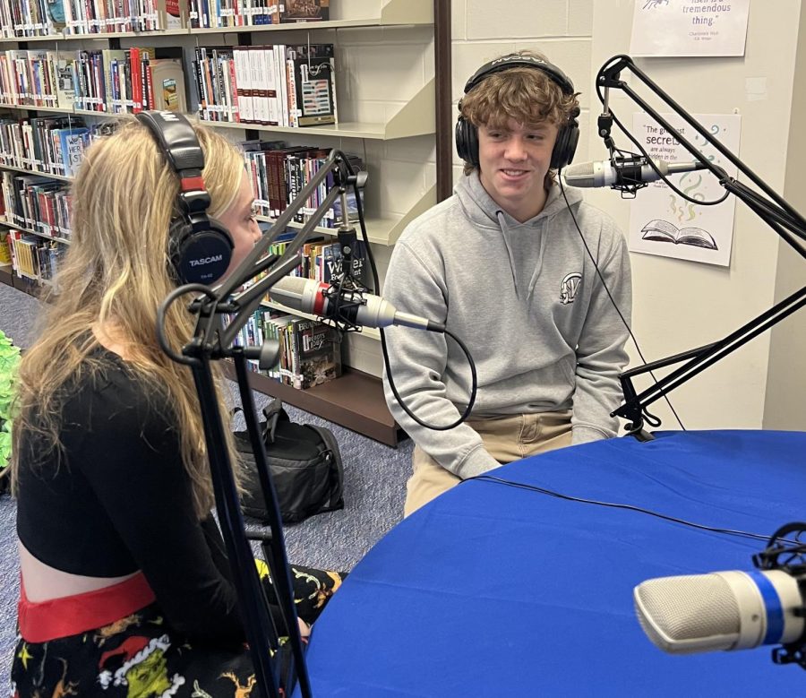 Sophomores Morgan Laczynski and Kalvin Turcotte record their conversation on harassment in their new podcast. 
