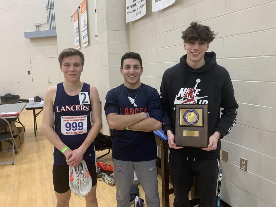 (left to right) Seniors Ryan Fortin, Anthony Amaro, and Sean Clegg stand together after competing in the New England Championship Meet.