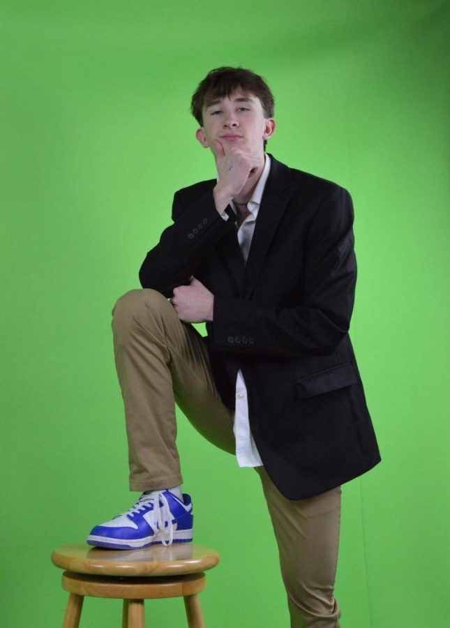 Senior and Mr.LHS contestant Spencer Brassard shows off his electric-blue kicks, as he hopes to win the coveted title of Mr.LHS 2023. 