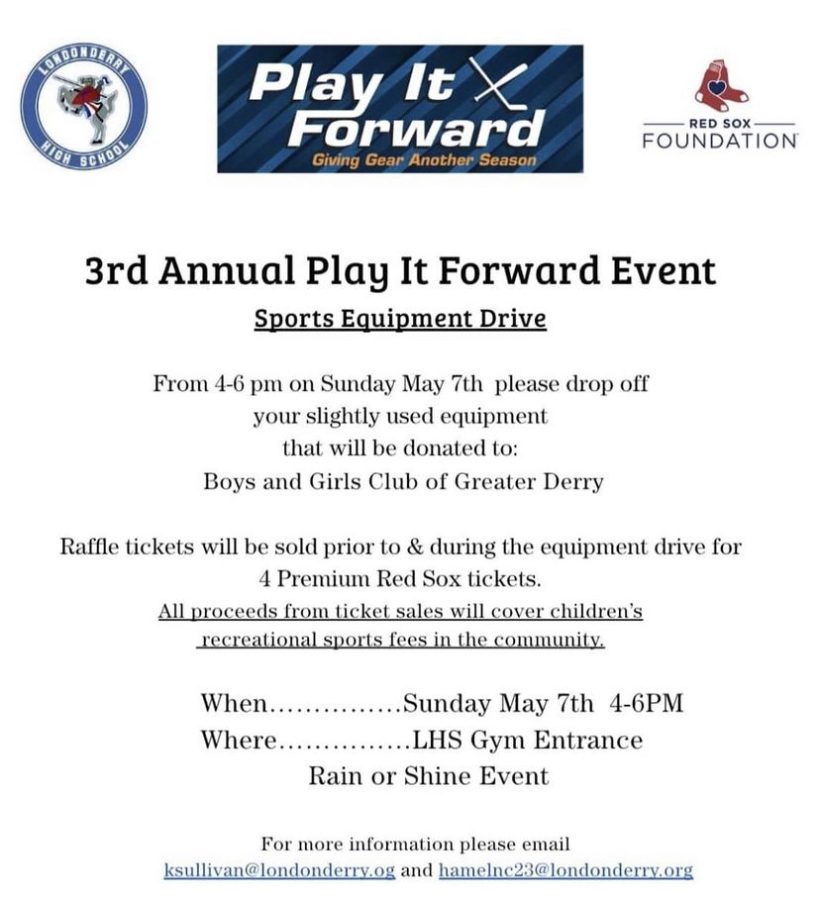 Organized by senior Nick Hamel, Play It Forward is a drive which helps to provide sports gear for the community. The sports drive will be held on Sunday, May 7 from 4-6 pm at the LHS Gym entrance.
