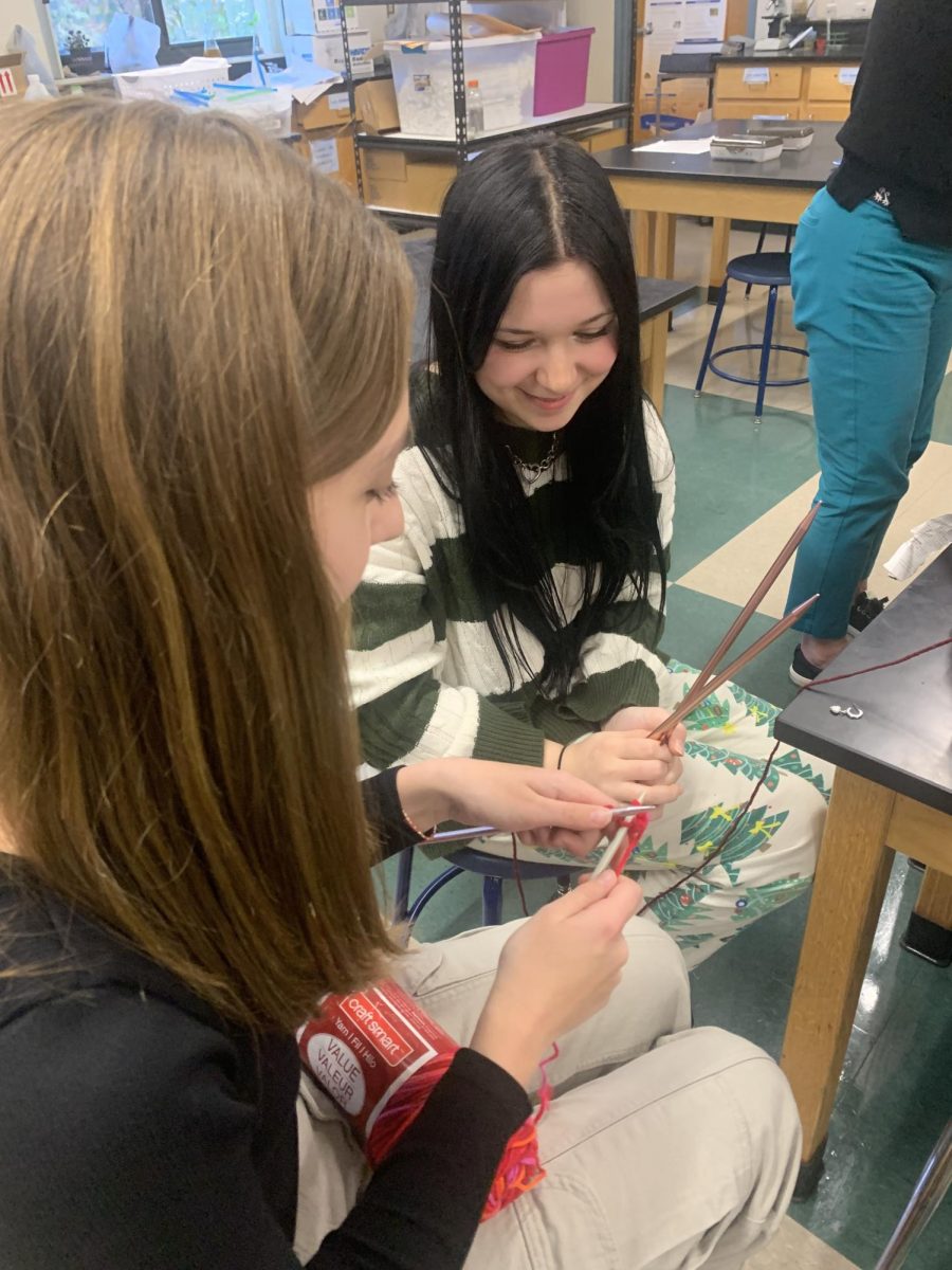 Juniors Natalie Merhib and Kaylee LeBlanc practice how to cast on their yarn so they can start knitting. 