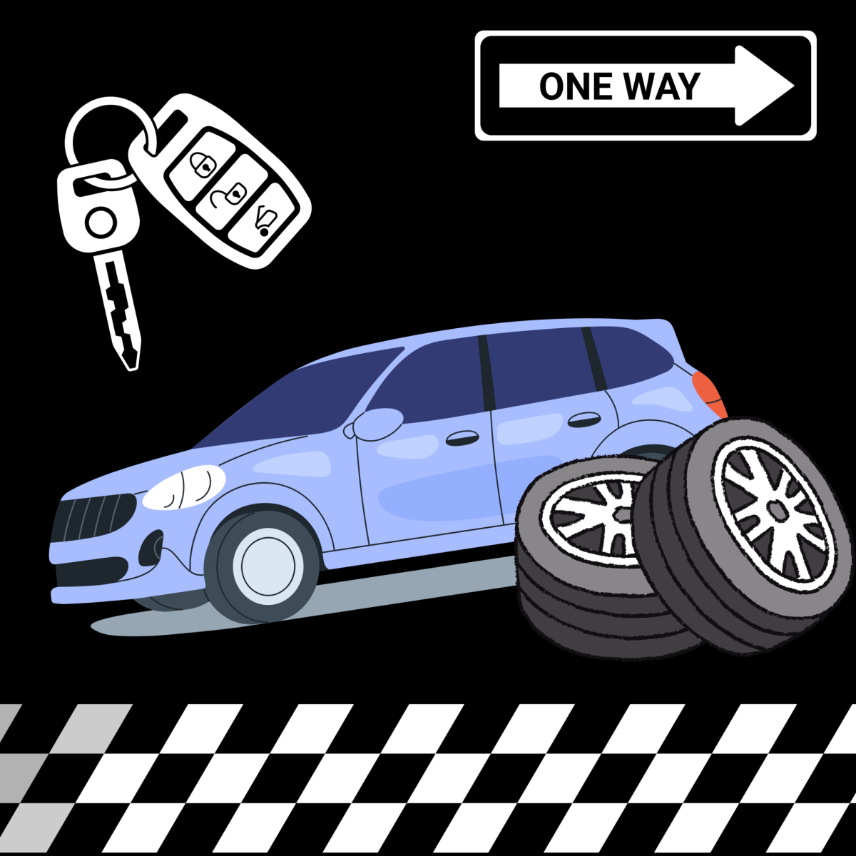Getting a car, grabbing your keys and turning on the radio as you drive on the road with your friends in the car.