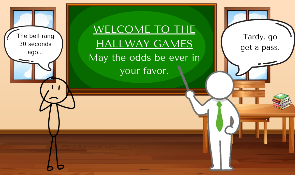 A student arrives 30 seconds late, hoping the Capitol (teacher) shows mercy.