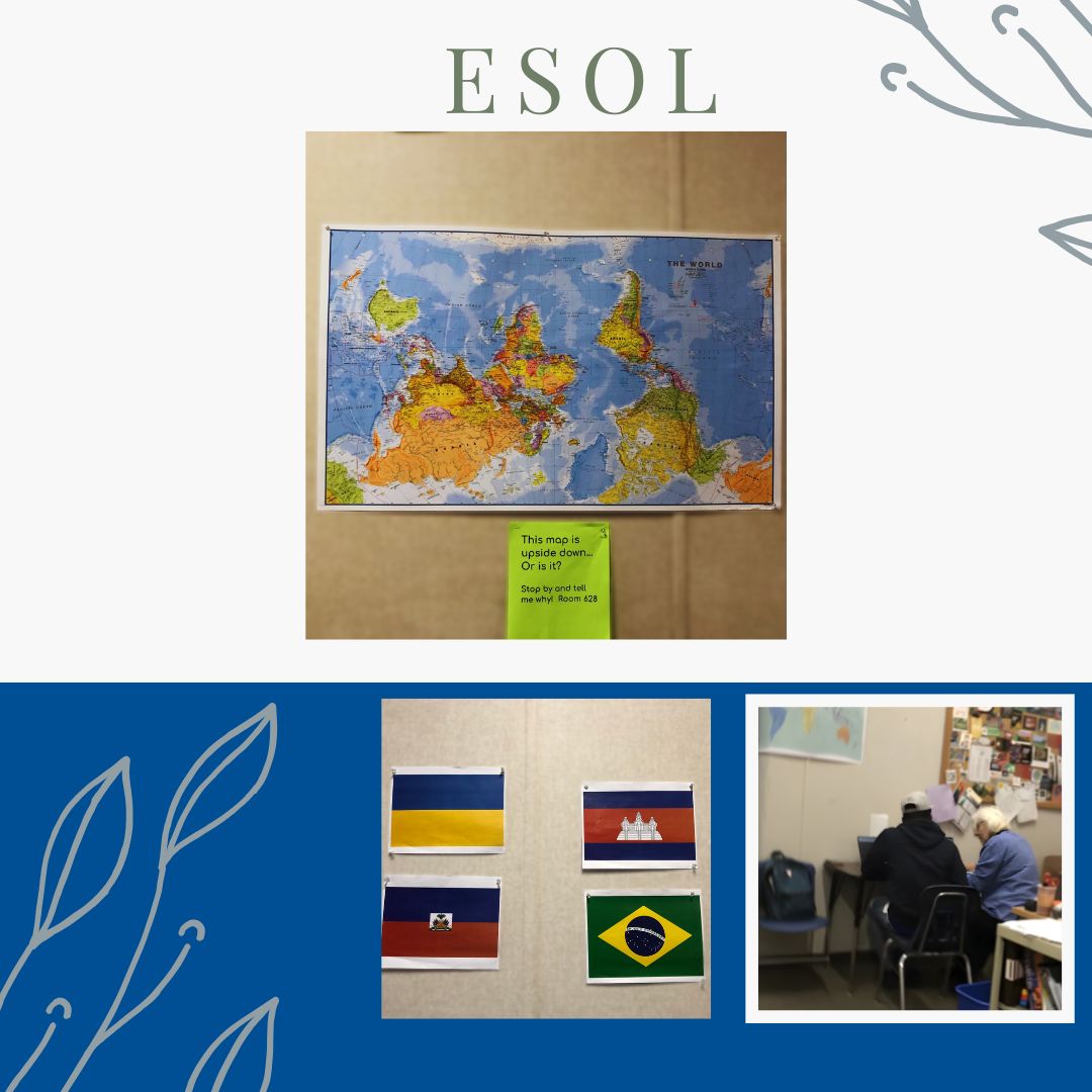 Carol Ritchie helps one of her students through a computer assignment during A period. Ritchie has taught students basic English with activities to help them get a better grasp of concepts. problem-solving skills in her classroom. “I try to make the class fun and find [activities] that interest them,” Ritchie said.A banner of the world map and flags hangs near ESOL teacher Ms. Ritchie’s desk. (Image made in Canva by Kelsey Sweet). 