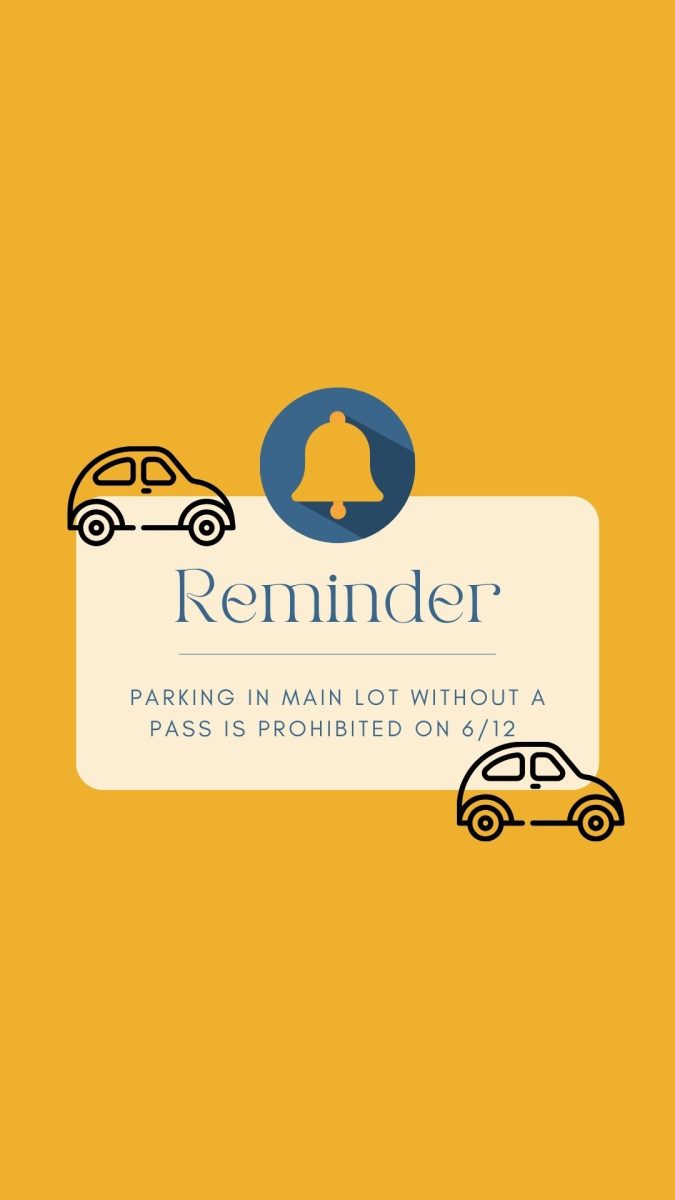 Students without Main Lot passes are prohibited to parking in the lot tomorrow (6/12). (Image created in Canva by Kelsey Sweet). 
