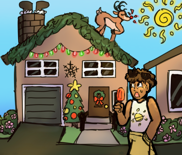 Person puts up Christmas tree and decorations while it is still warm out.