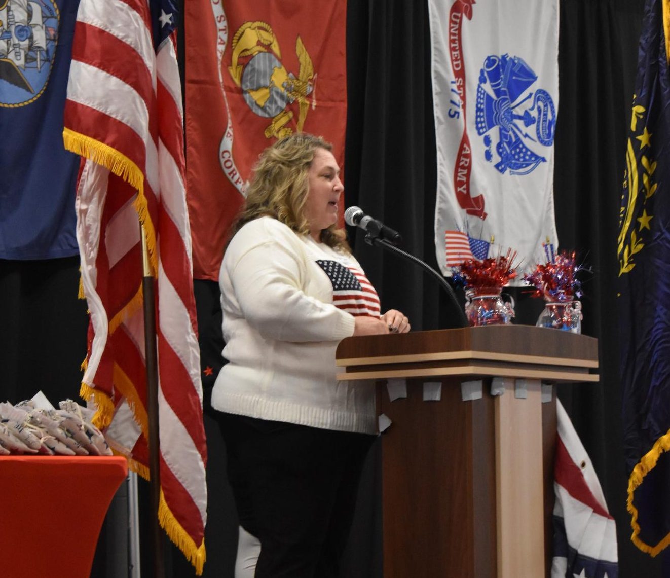 House 4 Assistant Principal and Pay It Forward Adviser Katie Sullivan speaks at the Veterans Breakfast on Nov. 8 to commemorate the veteran attendees. Sullivan started this event in 2011 and is her “favorite thing [she has] ever started here in town.” 