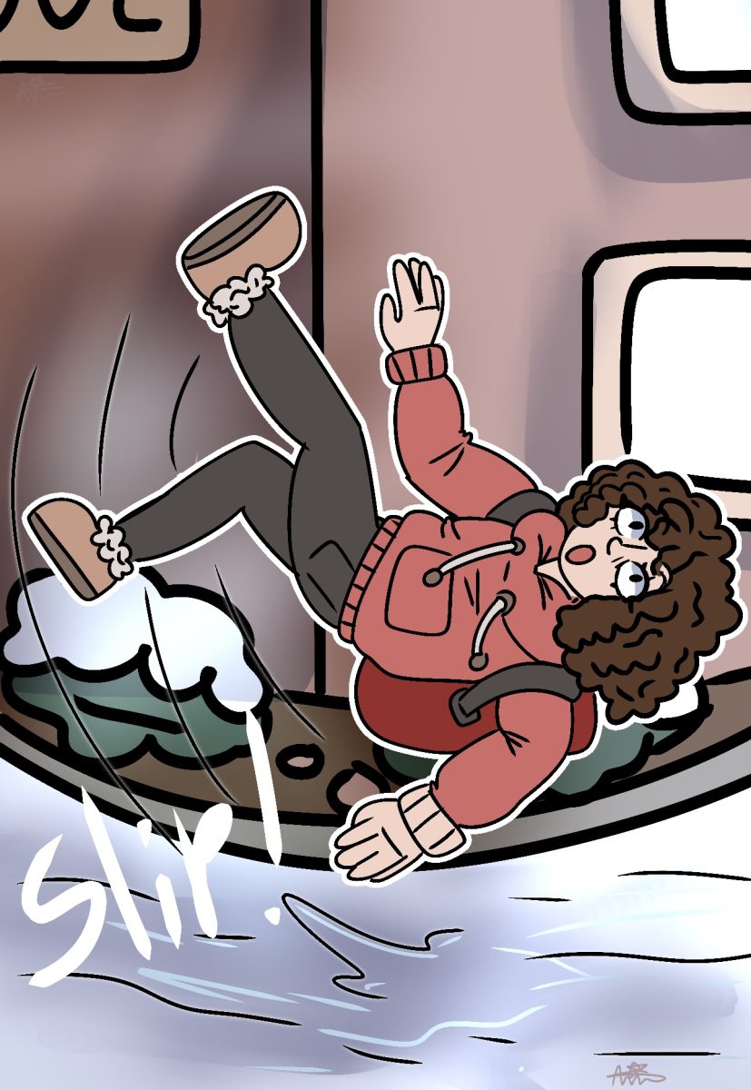 A student slips while entering the school because of a winter storm. The snow freezing over and creating a sheet of black ice can be really dangerous because it camouflages into the pavement, allowing students to easily slip and fall, injuring themselves. 