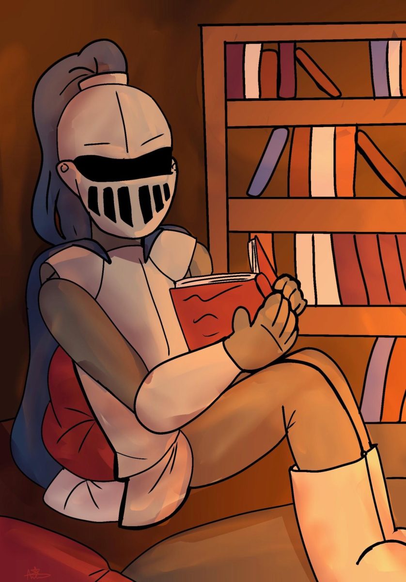 Larry the Lancer, the school mascot, reads quietly in the corner during a “Read Like a Lancer Day” event, promoting a love for reading among students.