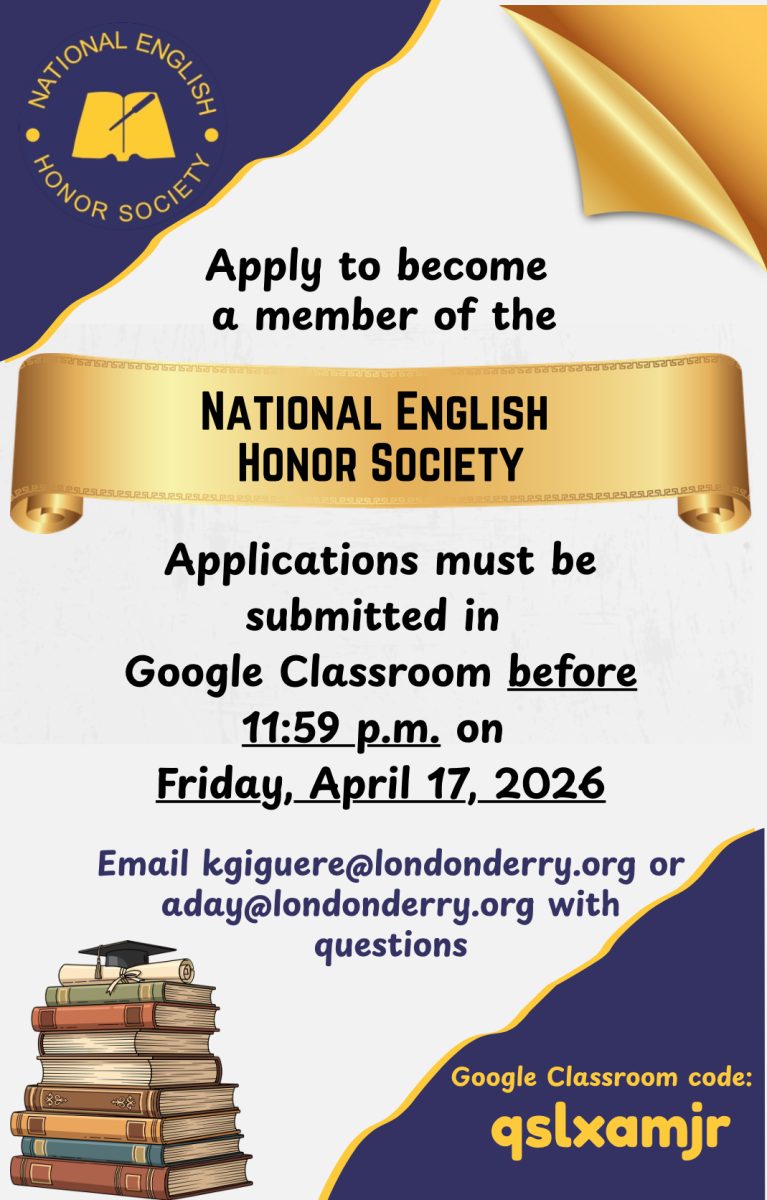 A flyer made by junior Mia Robinson advertises the new National English Honor Society at LHS. This flyer marked a turning point in the creation of this chapter for her, because when she looked at her final product, “it looked so put together,” Robinson said. “I was like, ‘this is a real thing.’ It was just shocking to see how all of the hard work that we put in paid off.” 