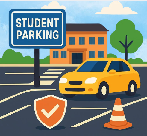 Students argue the school’s parking system unfairly forces those without enough activity “points” to park far from campus, raising concerns about safety, accessibility, and whether parking should depend on extracurricular involvement rather than student need. Created in Canva by Ava Alkhamis.