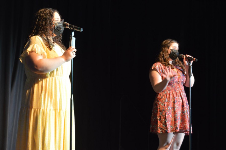 Duo Haley Hines and Maya Lincoln perform "Don't Go Breaking My Heart" in the concert's second act. Hines and Lincoln were accompanied by Frank Thomas on piano and Camden Poitras on drums.